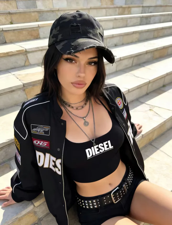 AI-generated adult woman in black streetwear sitting on stone steps