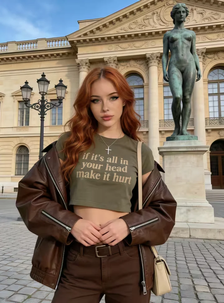 AI-generated adult woman in a brown jacket in an outdoor courtyard