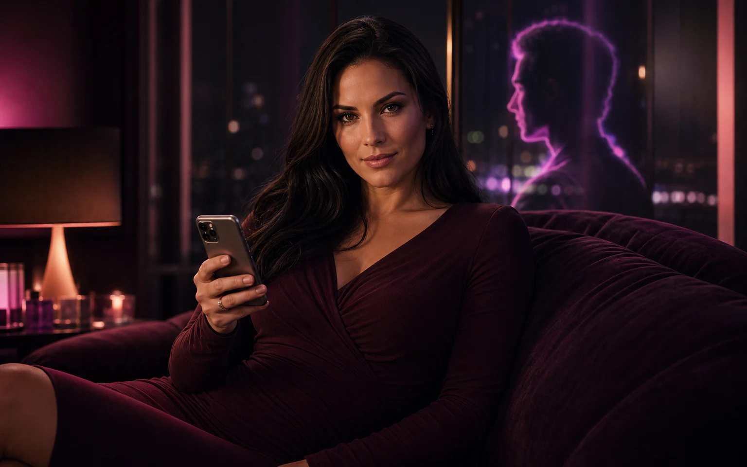 What makes Lovescape different Fictional adult woman exploring an AI companion experience in a plum lounge
